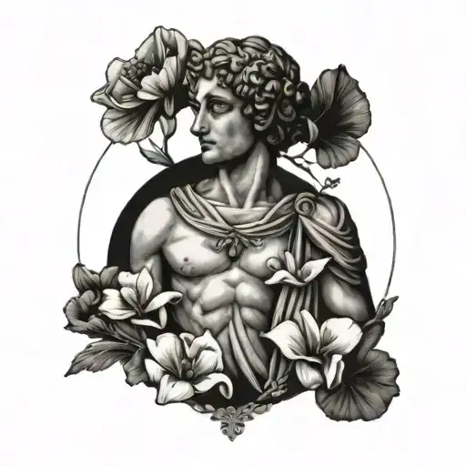 A stoic Greek statue of a Libra symbol with California poppies surrounding it tattoo design idea