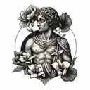 A stoic Greek statue of a Libra symbol with California poppies surrounding it tattoo design idea