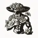 A stoic Greek statue of a Libra symbol with California poppies surrounding it tattoo design idea