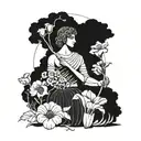 A stoic Greek statue of a Libra symbol with California poppies surrounding it tattoo design idea