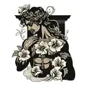 A stoic Greek statue of a Libra symbol with California poppies surrounding it tattoo design idea