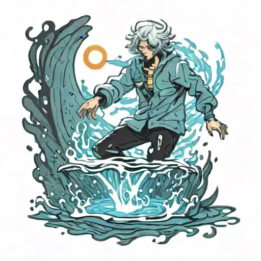 faceless well built anime man floating over water with magic power flowing around him  tattoo design idea