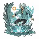 faceless well built anime man floating over water with magic power flowing around him  tattoo design idea