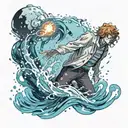 faceless well built anime man floating over water with magic power flowing around him  tattoo design idea