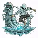 faceless well built anime man floating over water with magic power flowing around him  tattoo design idea