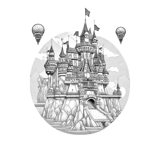 Childhood home transformed into a magical floating castle tattoo design idea