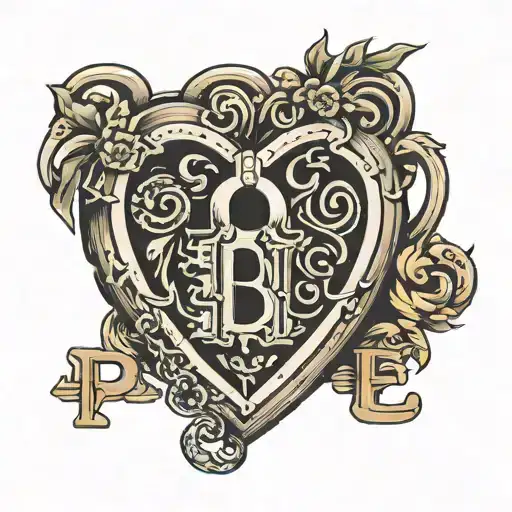 Letters B, P and M in a heart shaped lock tattoo design idea