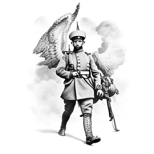 A French soldier from WWI with abscesses on their feet, being carried to paradise by angels tattoo design idea