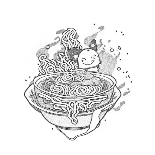 manga style ramen noodles with small anime characters and japanese flag in the background tattoo design idea