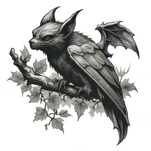 A dark and mysterious tattoo of a demon bat perched on a tree branch tattoo design idea