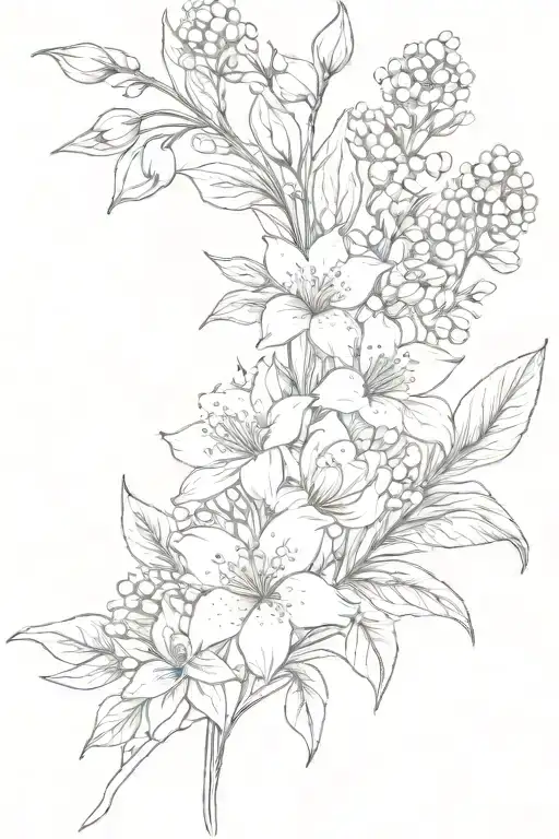 bouquet of lily of the valley, hawthorn, carnation, snowdrop, daffodil, chrysanthemum and the peony tattoo design idea