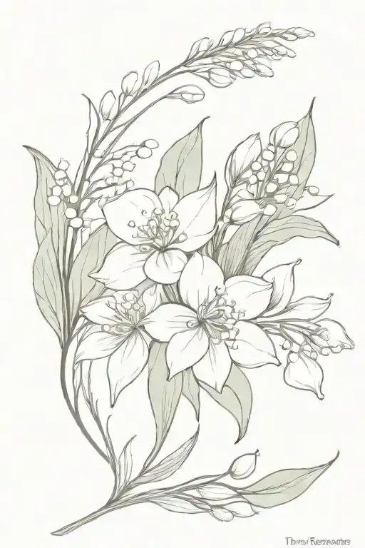 bouquet of lily of the valley, hawthorn, carnation, snowdrop, daffodil, chrysanthemum, and the peony tattoo design idea