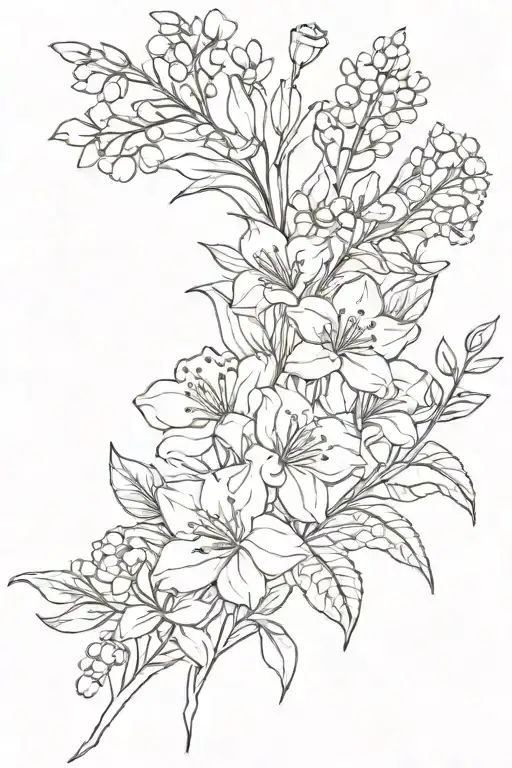 bouquet of lily of the valley, hawthorn, carnation, snowdrop, daffodil, chrysanthemum and the peony tattoo design idea