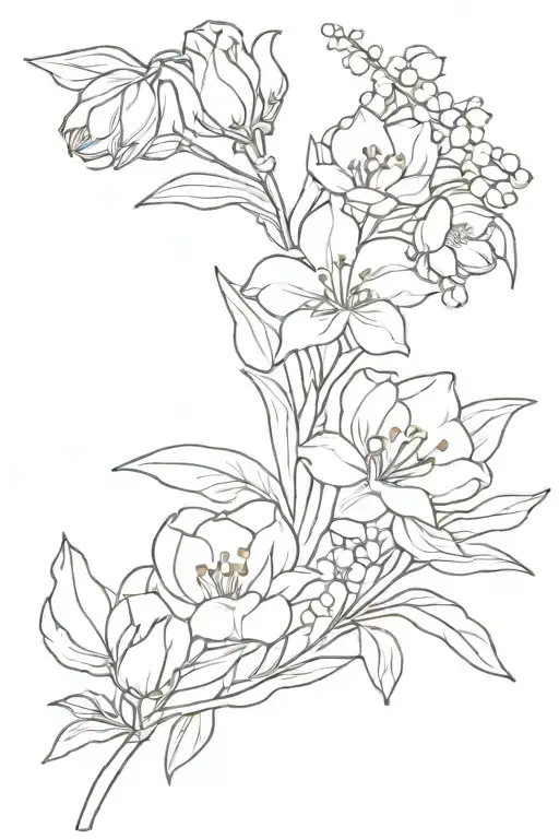 bouquet of lily of the valley, hawthorn, carnation, snowdrop, daffodil, chrysanthemum and the peony tattoo design idea