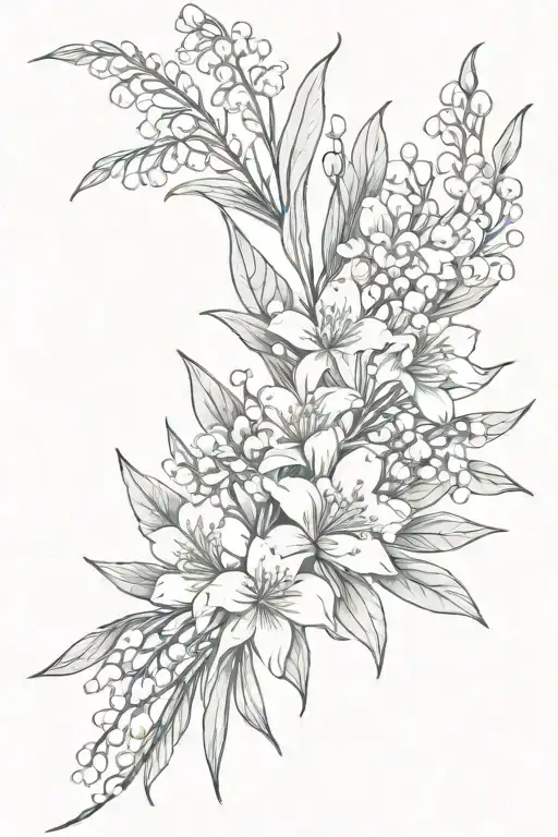 bouquet of lily of the valley, hawthorn, carnation, snowdrop, daffodil, chrysanthemum and the peony tattoo design idea