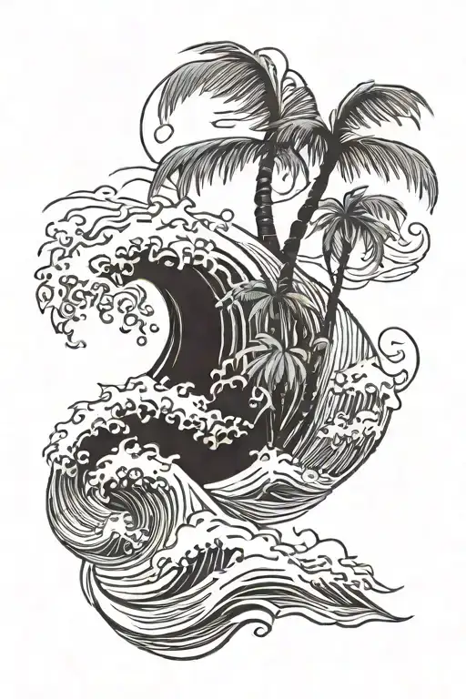 Chinese style wave with a palm tree silhouette tattoo design idea