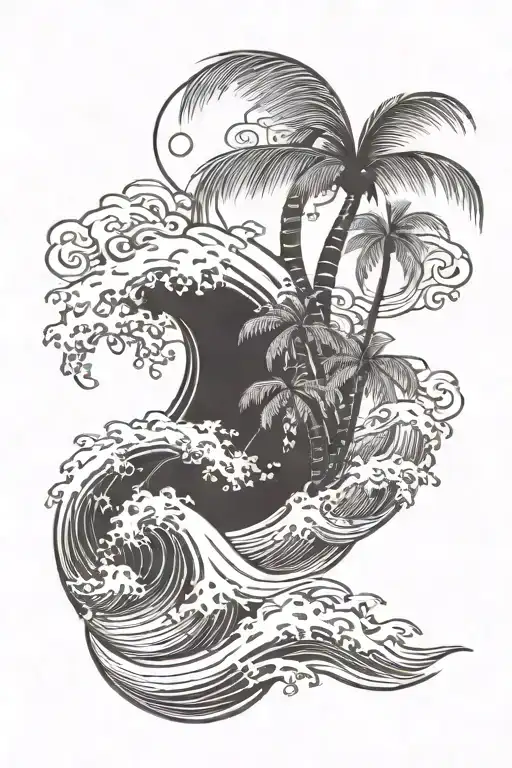 Chinese style wave with a palm tree silhouette tattoo design idea