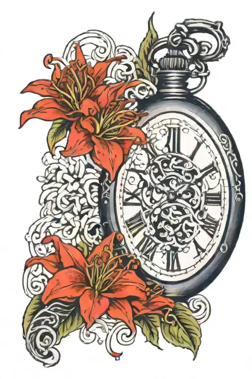 broken old watch and red lycoris radiata tattoo design idea