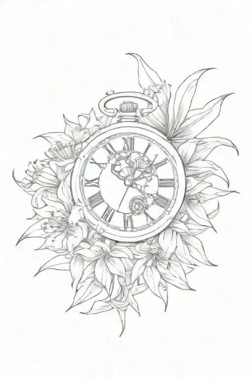 broken old watch and red lycoris radiata tattoo design idea