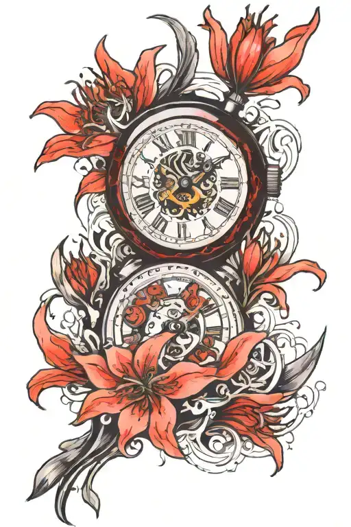 broken old watch and red lycoris radiata tattoo design idea
