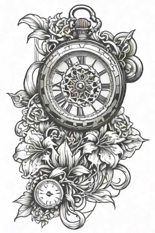 broken old watch and red lycoris radiata tattoo design idea