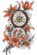 broken old watch and red lycoris radiata tattoo design idea