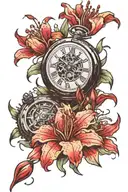 broken old watch and red lycoris radiata tattoo design idea