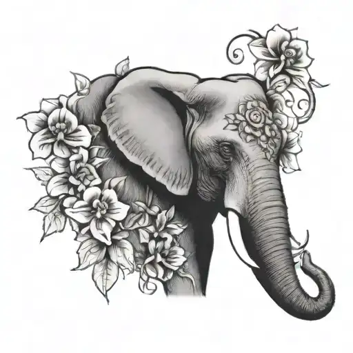 elephant head and trunk with flowers  tattoo design idea
