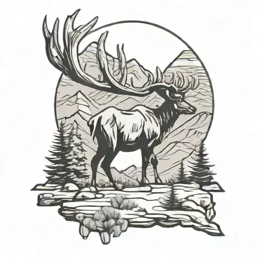 desert landscape ufo mule deer elk bighorn sheep tattoo design idea