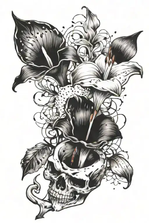 Open pomegranate, calla lilies, lilies of the valley, hand, bones tattoo design idea