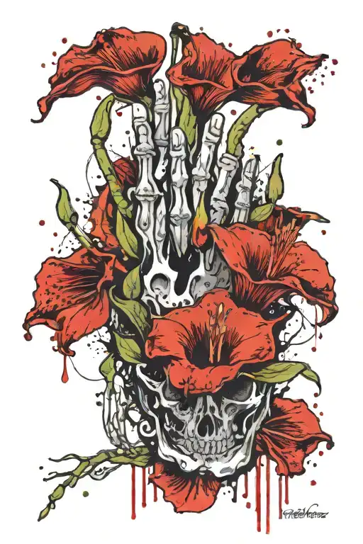 Open pomegranate, calla lilies, lilies of the valley, hands reaching, bones tattoo design idea