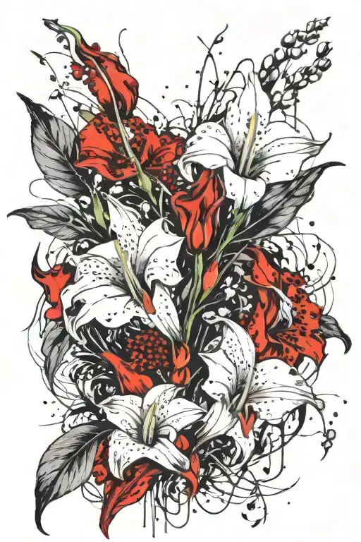 Pomegranate, calla lilies, lilies of the valley, hand, bones tattoo design idea