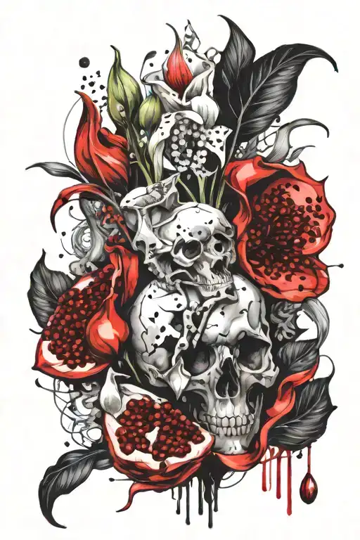 Open pomegranate, calla lilies, lilies of the valley, hand, bones tattoo design idea