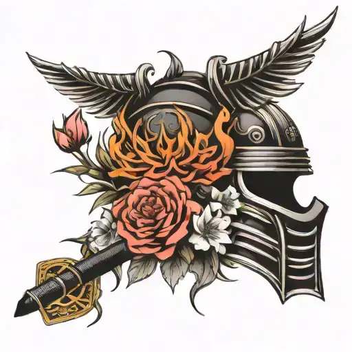 blackwork Samurai helmet and wind bars flowers,  facing to the right  tattoo design idea