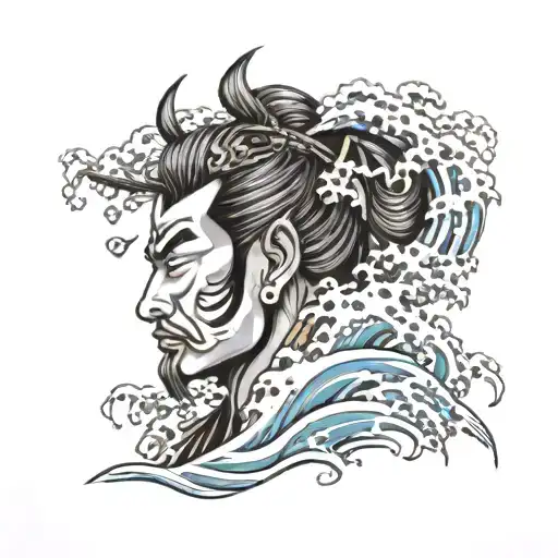 blackwork Samurai head and waves crashing in the background tattoo design idea