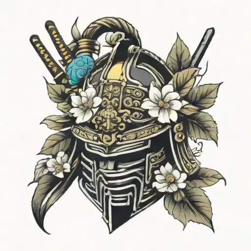 Samurai helmet and wind bars, with flowers facing to the right  tattoo design idea