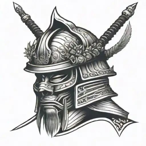 blackwork Samurai helmet and wind bars ,  facing to the right  tattoo design idea