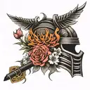 blackwork Samurai helmet and wind bars flowers,  facing to the right  tattoo design idea