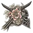 blackwork Samurai helmet and wind bars flowers,  facing to the right  tattoo design idea