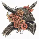 blackwork Samurai helmet and wind bars flowers,  facing to the right  tattoo design idea