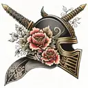 blackwork Samurai helmet and wind bars flowers,  facing to the right  tattoo design idea