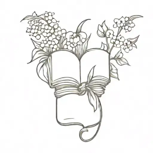 open book with lily of the valley holly morning glory and violets tattoo design idea