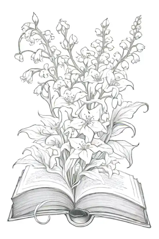 open book with lily of the valley holly morning glory and violets tattoo design idea