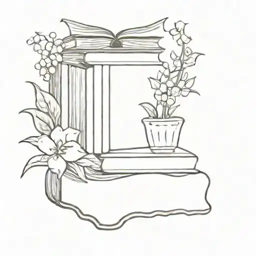 book stack with open book with lily of the valley holly morning glory and violets bouquet to the side tattoo design idea