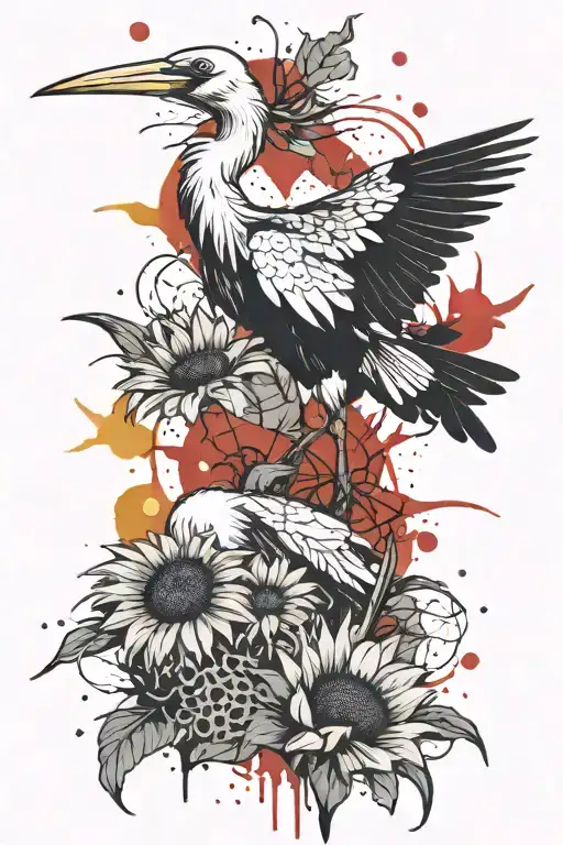 stork and sunflower tattoo design idea