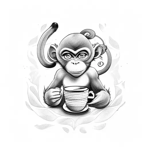 Cartoon little monkey holding a cup of tea tattoo design idea