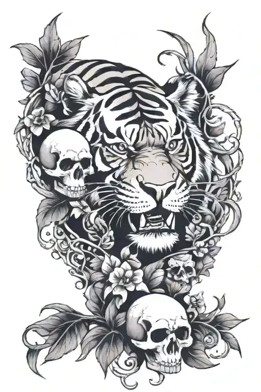 tiger, gorilla and skull peeking from behind vine on biceps tattoo design idea