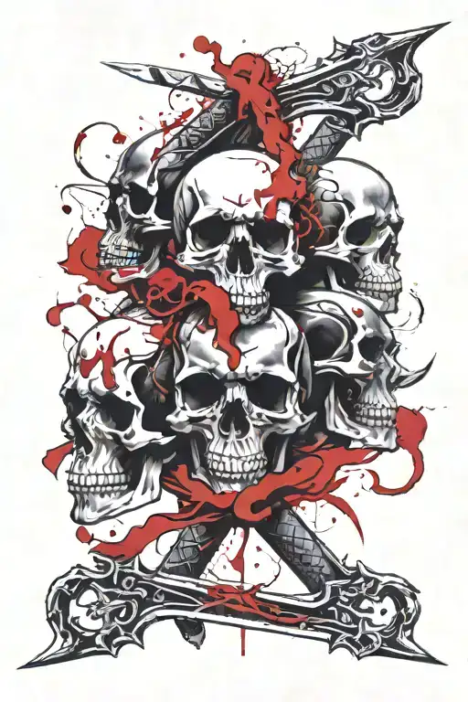 sword piercing 3 skulls with a snake coming out the skulls mouths  tattoo design idea