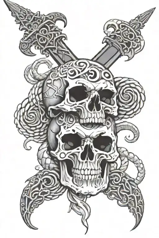 sword piercing though 3 skulls with a snake wrapping around the skulls and coming out the middle skulls mouth tattoo design idea