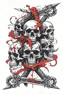 sword piercing 3 skulls with a snake coming out the skulls mouths  tattoo design idea